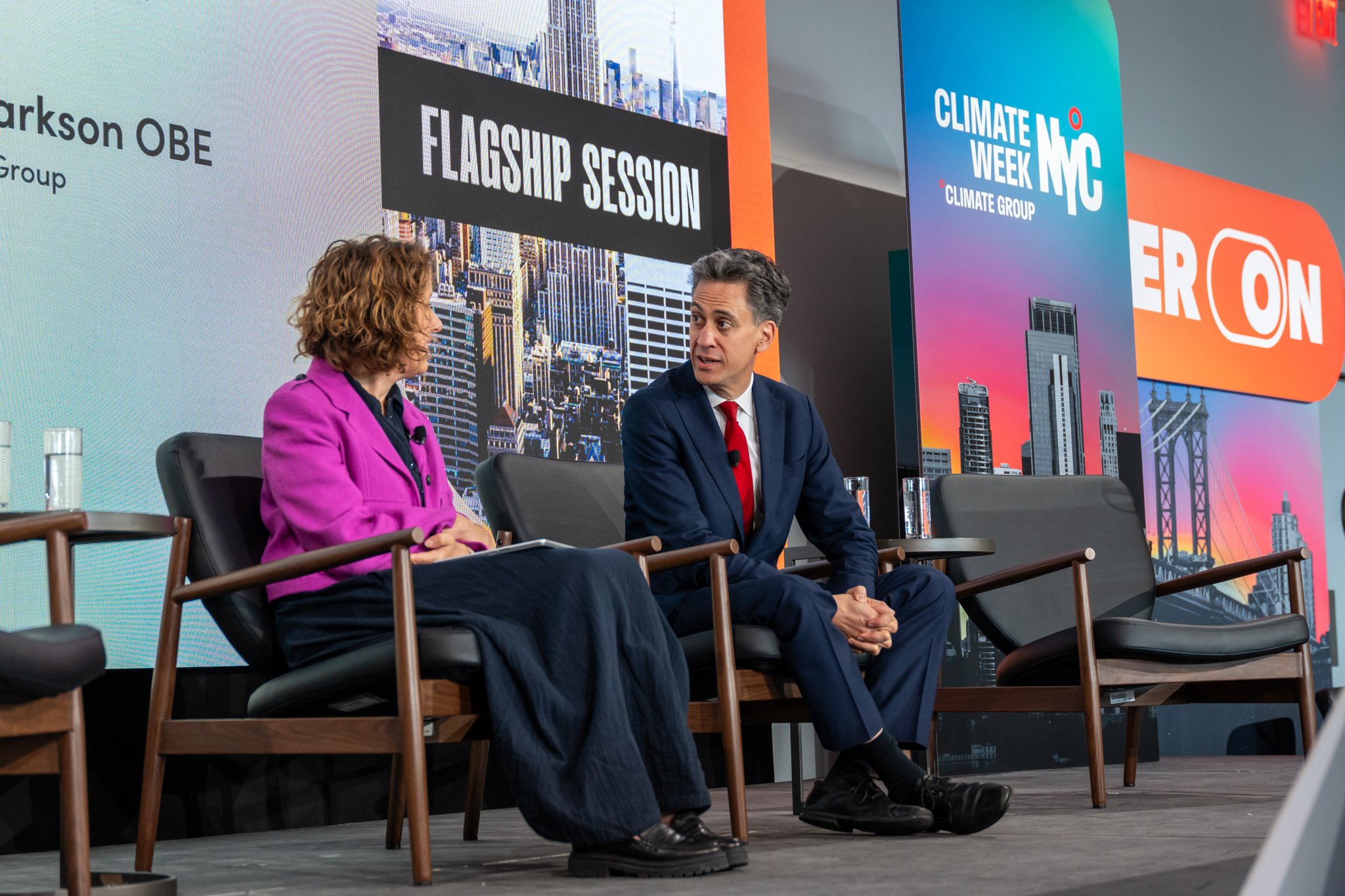 Helen Clarkson with Ed Miliband during a flagship panel session at Climate Week NYC