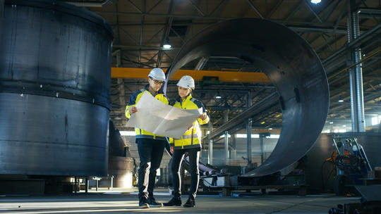 Workers looking at documents on a worksite