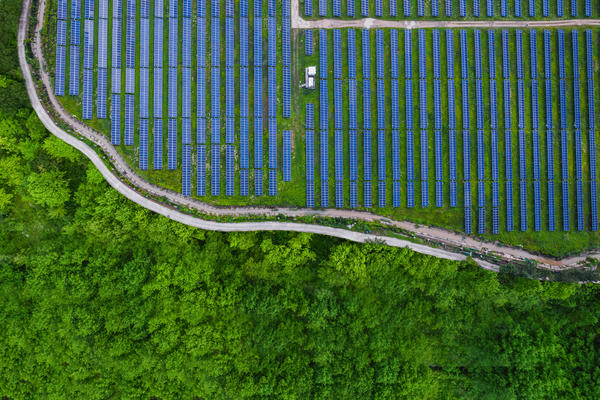 Solar farm in the middle of nature with roads