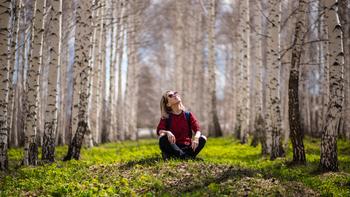 A lady sits in amongst trees observing nature